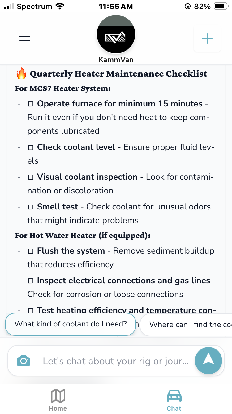 Grover app showing quarterly heater maintenance checklist for MCS7 heater systems